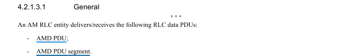 Excerpt from TS 36.322 v8.8.0 §4.2.1.3.1 — AM RLC entity, General, underlined where the mapping rests on it