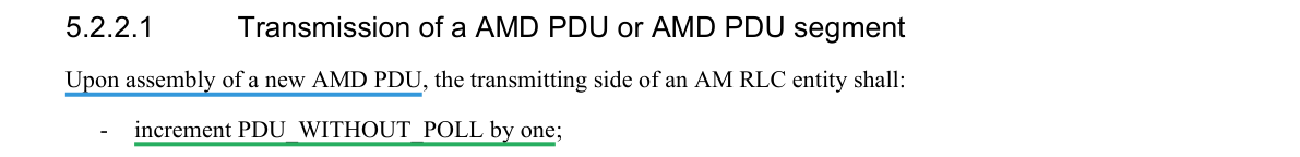 Excerpt from TS 36.322 v8.8.0 §5.2.2.1 — Transmission of a AMD PDU or AMD PDU segment, underlined where the mapping rests on it
