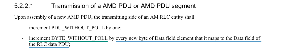 Excerpt from TS 36.322 v8.8.0 §5.2.2.1 — Transmission of a AMD PDU or AMD PDU segment, underlined where the mapping rests on it
