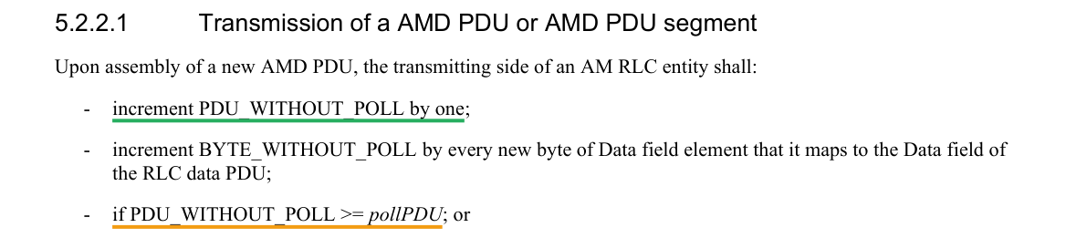 Excerpt from TS 36.322 v8.8.0 §5.2.2.1 — Transmission of a AMD PDU or AMD PDU segment, underlined where the mapping rests on it