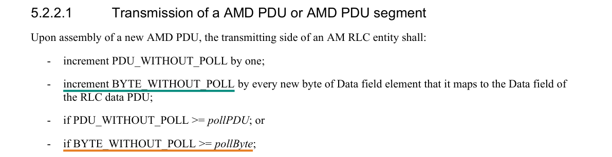 Excerpt from TS 36.322 v8.8.0 §5.2.2.1 — Transmission of a AMD PDU or AMD PDU segment, underlined where the mapping rests on it