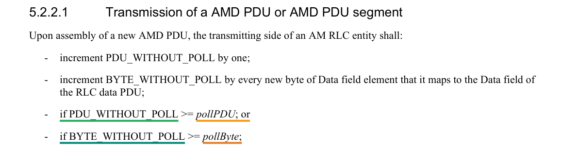 Excerpt from TS 36.322 v8.8.0 §5.2.2.1 — Transmission of a AMD PDU or AMD PDU segment, underlined where the mapping rests on it