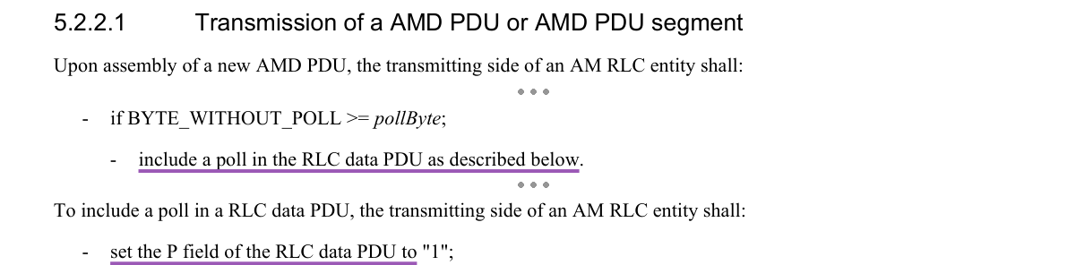 Excerpt from TS 36.322 v8.8.0 §5.2.2.1 — Transmission of a AMD PDU or AMD PDU segment, underlined where the mapping rests on it
