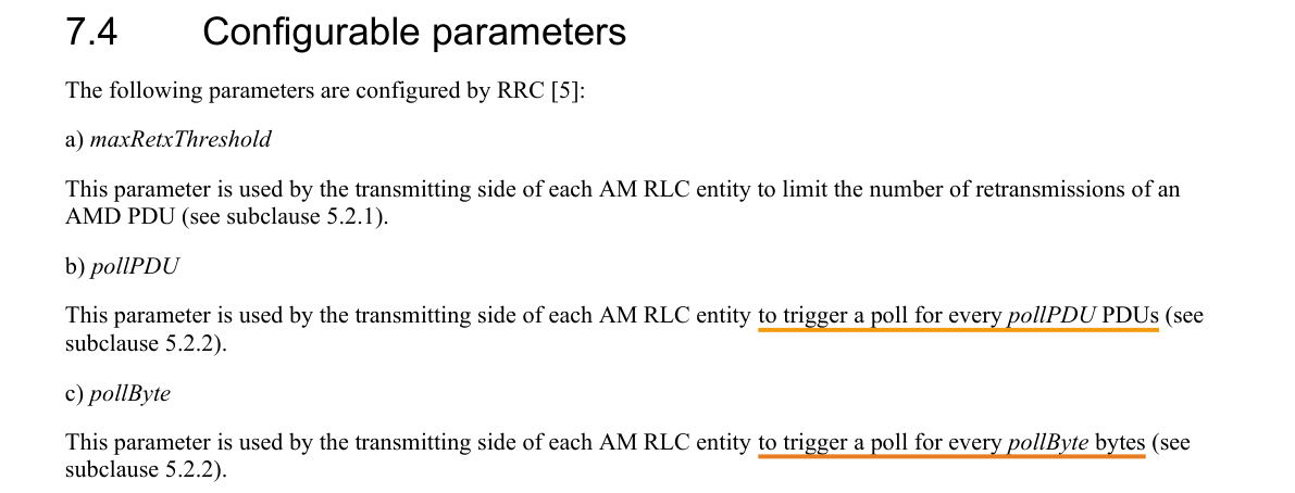 Excerpt from TS 36.322 v8.8.0 §7.4 — Configurable parameters, underlined where the mapping rests on it