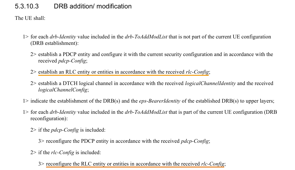 Excerpt from TS 36.331 v8.21.0 §5.3.10.3 — DRB addition/ modification, underlined where the mapping rests on it