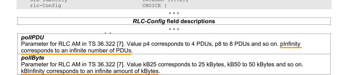 Excerpt from TS 36.331 v8.21.0 §6.3.2 — RLC-Config, underlined where the mapping rests on it